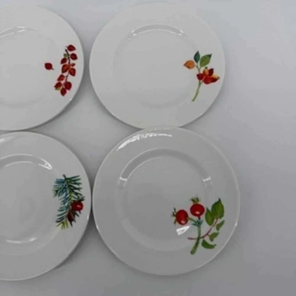 Crate & Barrel Mary Woodin Winter Berry Appetizer Plates Set of 6 White 6.25in